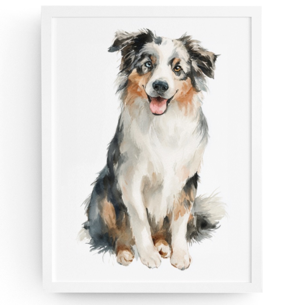 Watercolor Australian Shepherd Dog Portrait Wall Art Print, Unframed